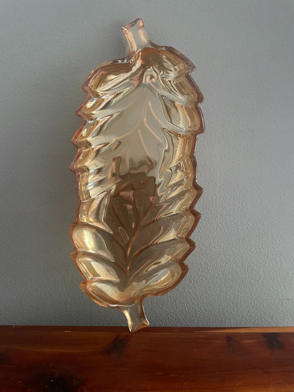 Indiana Glass Amber Marigold Iridescent Leaf Tray Dish Double Carnival MCM